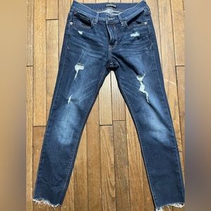 Express - Mid Rise dark/faded Wash FlexX Ripped Skinny Jeans